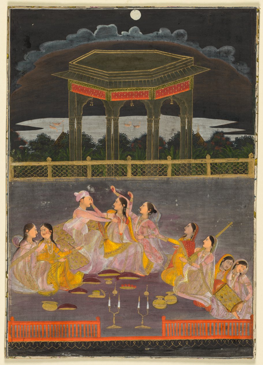 En prins som feirer Holi med palasskvinner på en terrasse om natten, ca. 1760. av Unbekannt