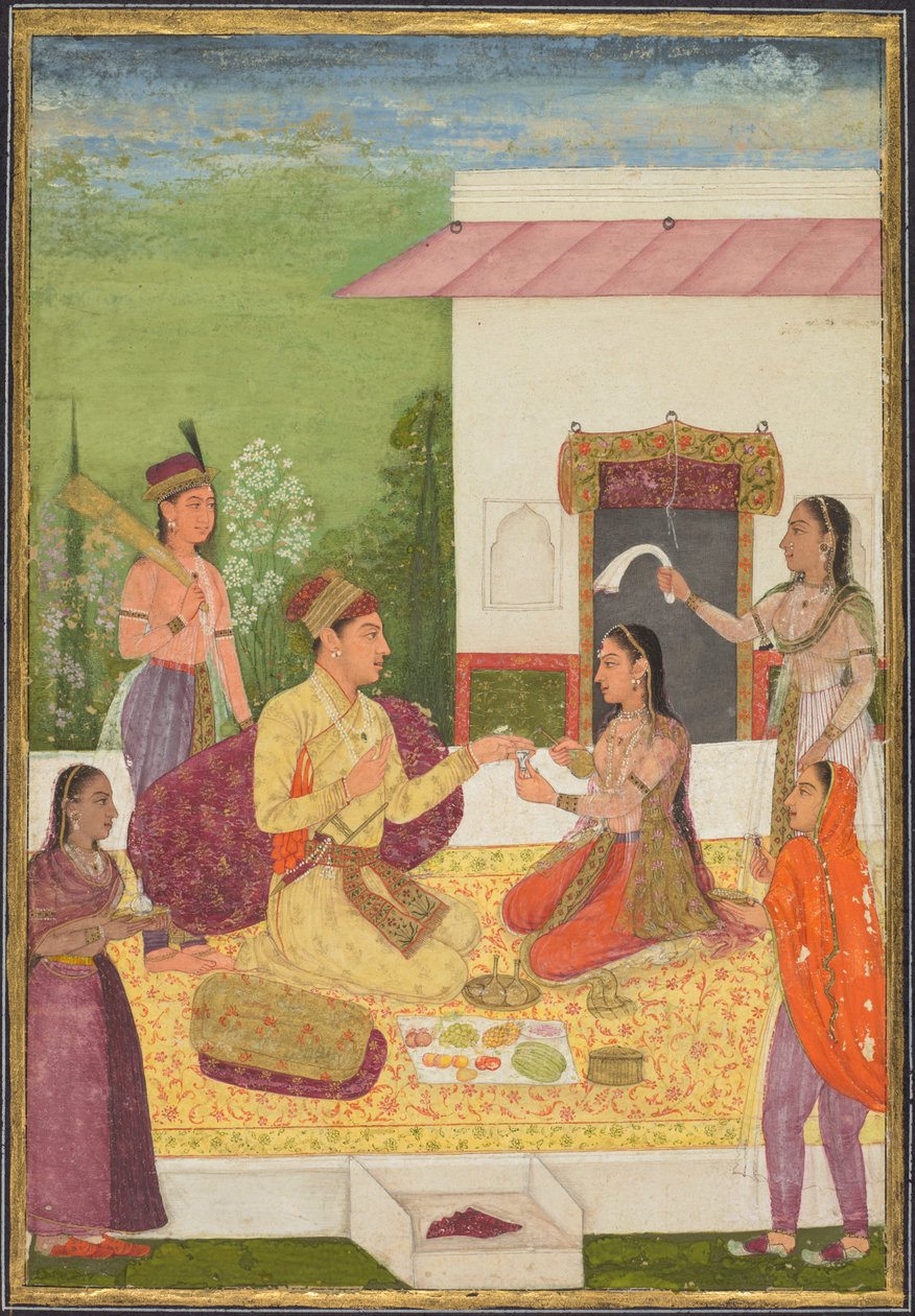 En prins som snakker med en kvinne mens han tar forfriskninger på en terrasse, ca. 1710-1720. av Unbekannt