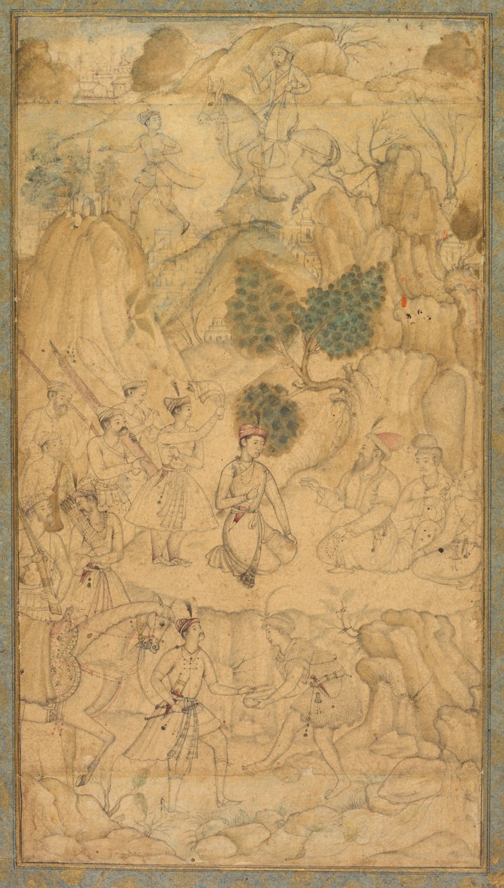 En prins på besøk til en hellig mann i et steinete landskap, ca. 1590. av Unbekannt