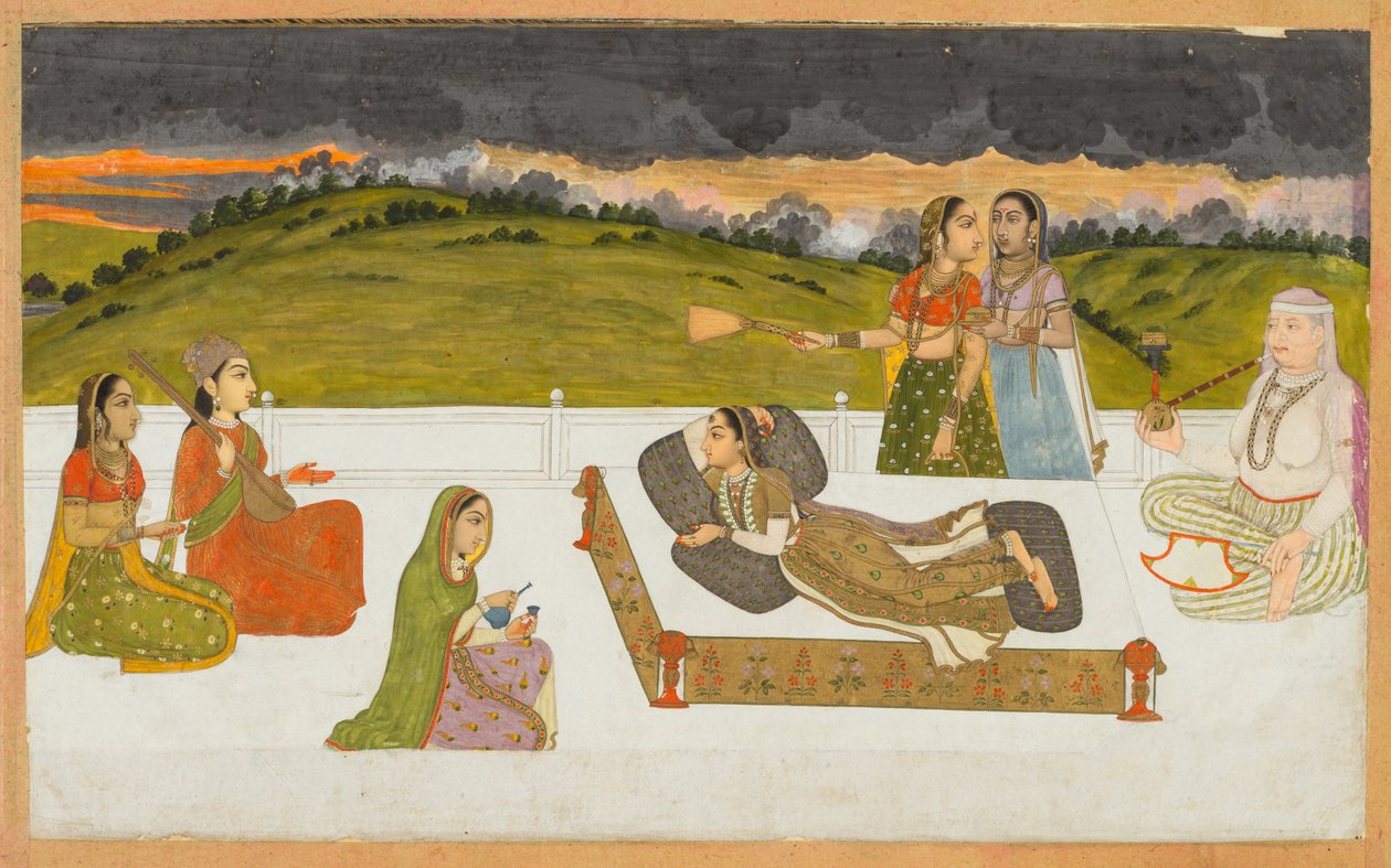 En prinsesse tilbakelent på en terrasse med ledsagere, ca. 1730-1740. av Unbekannt