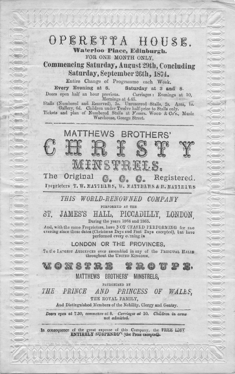 Et program med begivenheter som skal være scene på Operetta House, Waterloo Place, Edinburgh, 1874 av Unbekannt