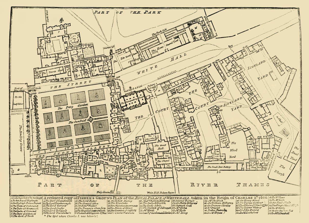 En redusert kopi av Fishers Ground Plan of the Royal Palace of Whitehall, 1680, 1881. av Unbekannt