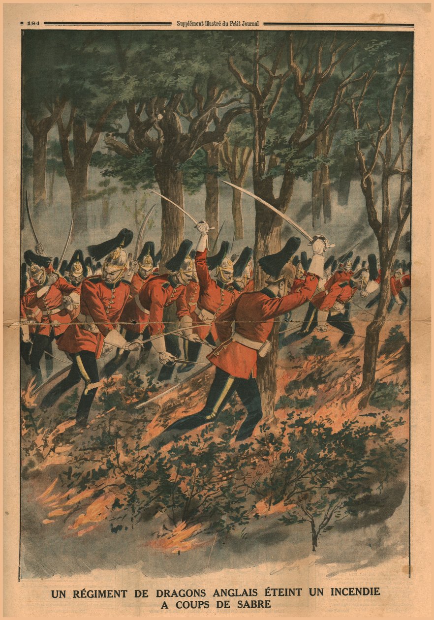 Et regiment av engelske drager slokker en brann med sabelslag, 1914. av Unbekannt