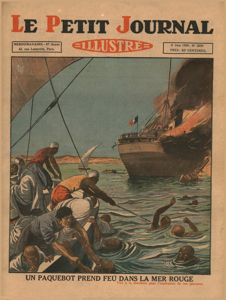 Et skip tar fyr i Rødehavet, 1930. av Unbekannt