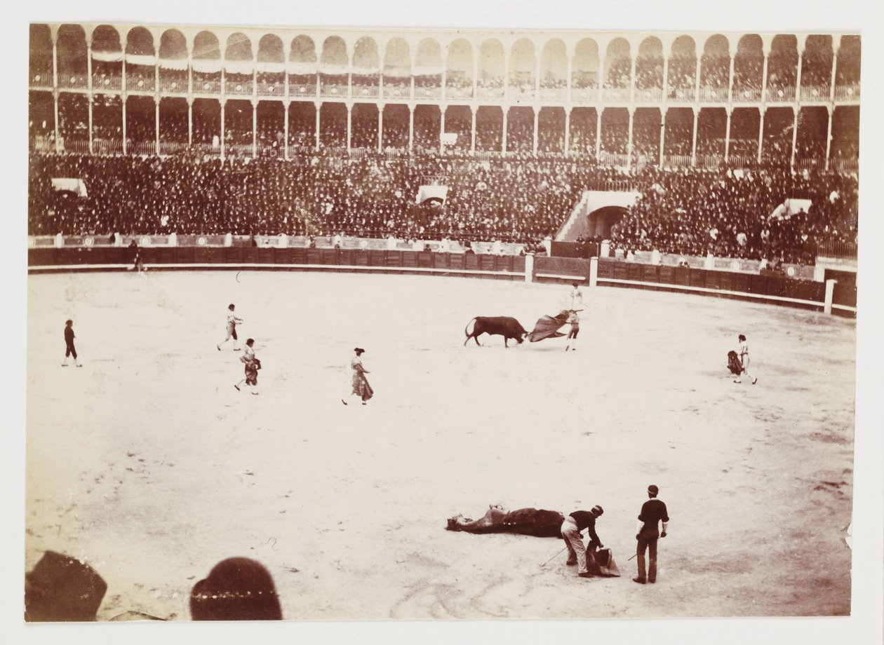 Et øyeblikksbilde av en tyrefekting foran en stor folkemengde i tyrefekterarenaen Las Ventas del Espiritu Santo, Madrid, tatt av en ukjent fotograf i ca. 1930 av Unbekannt
