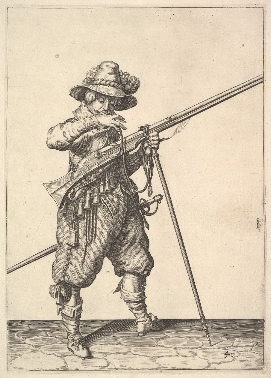 En soldat som blåser på en fyrstikk, fra Musketeers-serien, plate 40, i Wapenhandelinghe van Ro.... av Unbekannt