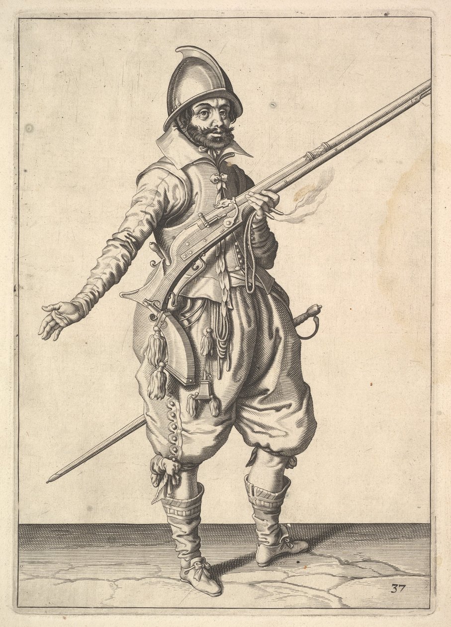 En soldat på vakt som frigjør høyre hånd, fra Marksmen-serien, plate 37, i Wapenhandeli.... av Unbekannt
