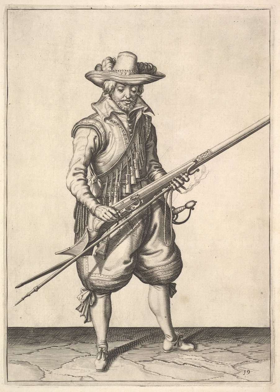 En soldat som rister pulveret fra toppen av pannen, fra Musketeers-serien, tallerken 19, i.... av Unbekannt