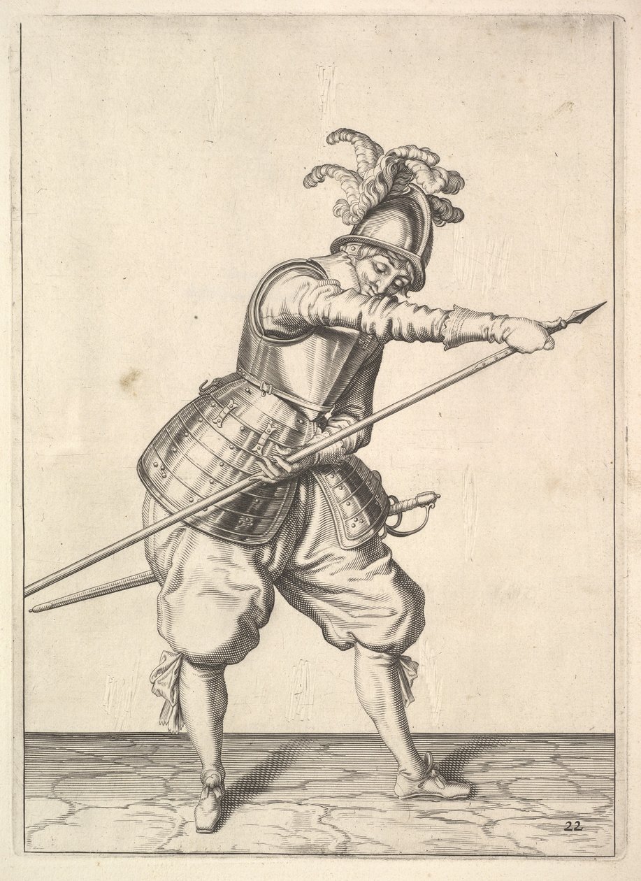 En soldat som skyver høyre hånd langs treningsgjedda, fra Lansquenets-serien, plate 2.... av Unbekannt