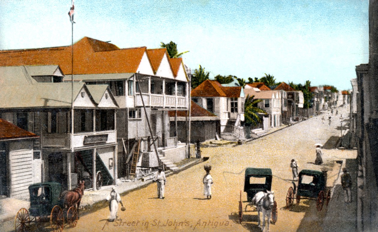 En gate i St.Johns, Antigua, ca. 1900-tallet av Unbekannt