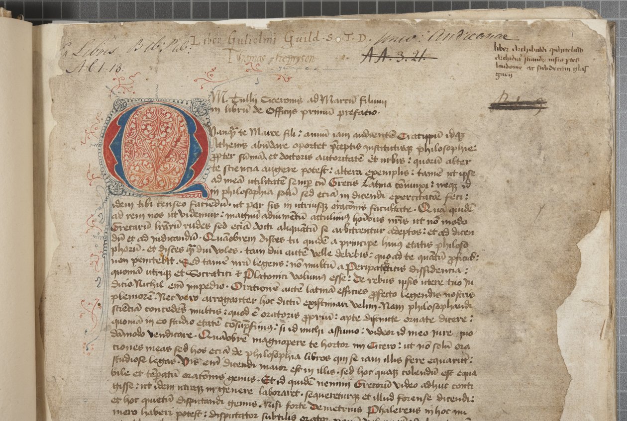 En transkripsjon, i tre hender, av de filosofiske verkene til Marcus Tullius Cicero tilsynelatende hentet fra editio romana fra 1471, med marginalia i hånden til Archibald Whitelaw og andre, ca. 1480 (blekk på pergament) av Unbekannt