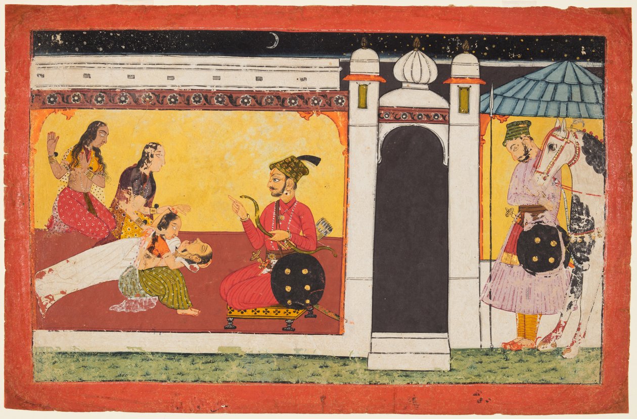 En kvinne besvimer foran en prins, en nattscene fra en Madhavanala Kamakandala-serie, ca. 1700. av Unbekannt