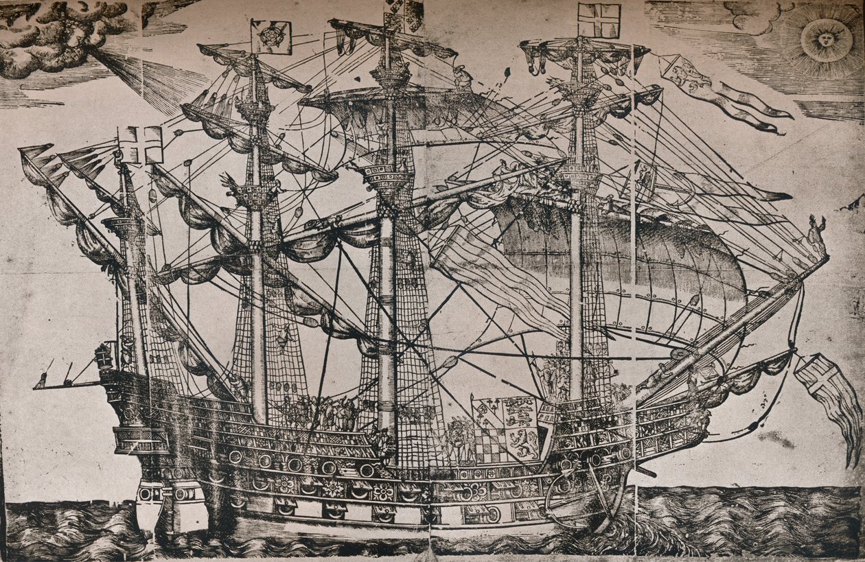 Et tresnitt av et skip som antas å være The Ark Royal, c1587 av Unbekannt