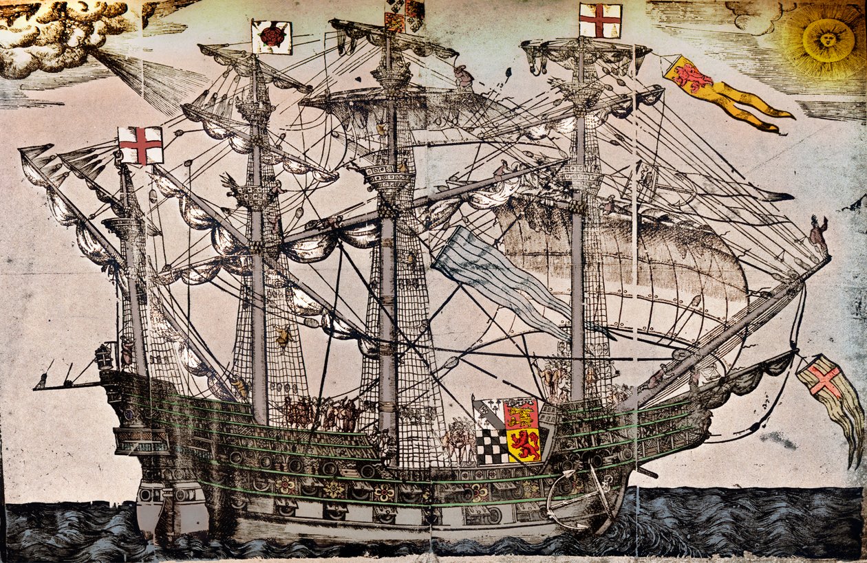 Et tresnitt av et skip som antas å være The Ark Royal, c1587 av Unbekannt