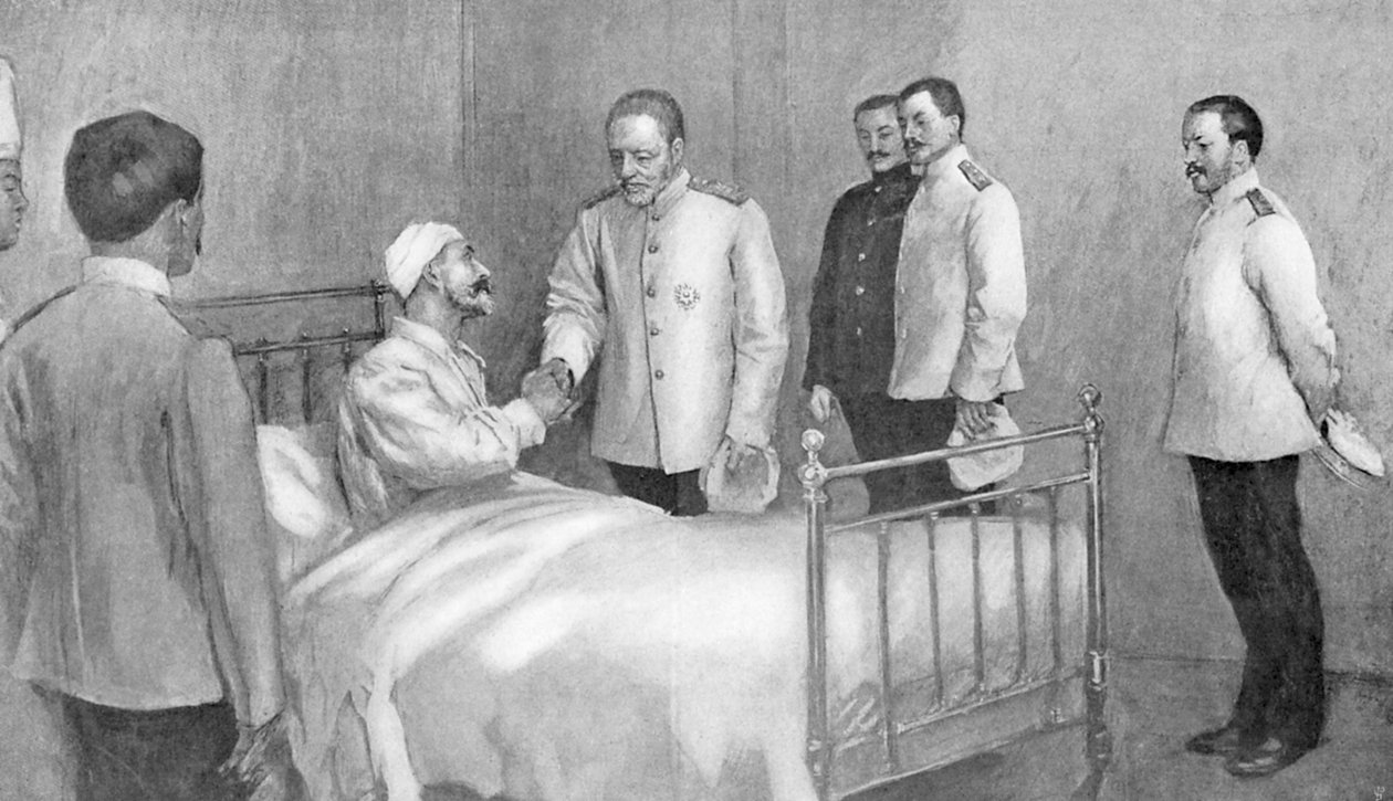 Admiral Togo besøker russisk admiral Rozhestvensky på sykehus, russisk-japanske krigen, 1904-5 av Unbekannt