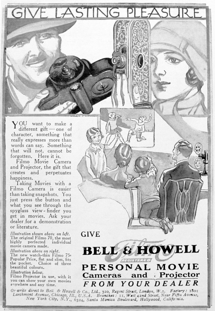 Annonse for Bell & Howell personlige filmkameraer og projektorer, 1920-tallet av Unbekannt