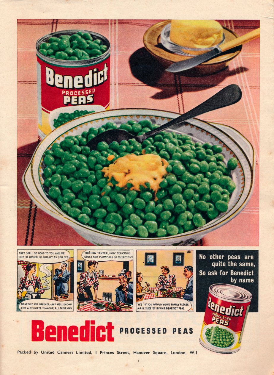 Annonse for Benedict-bearbeidede erter, 1951 av Unbekannt