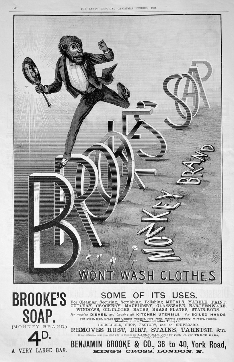 Annonse for Brookes Monkey Brand såpe, 1889 av Unbekannt