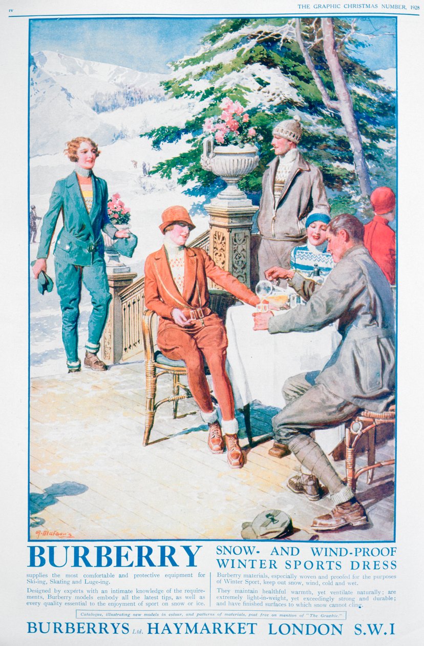 Annonse for Burberry snø- og vindtett vintersportskjole, 1928 av Unbekannt