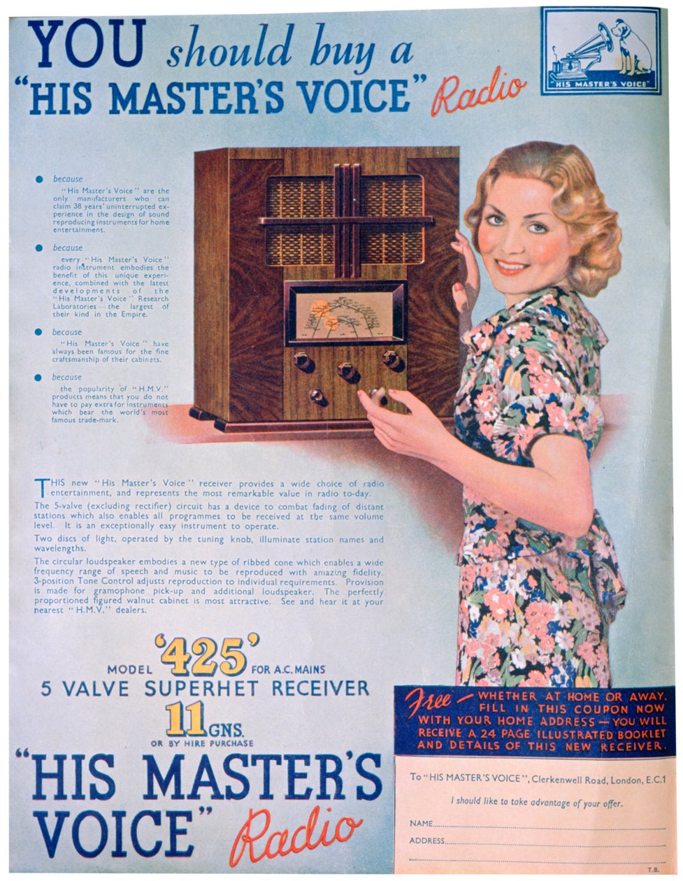 Annonse for His Masters Voice-radioer, 1936 av Unbekannt