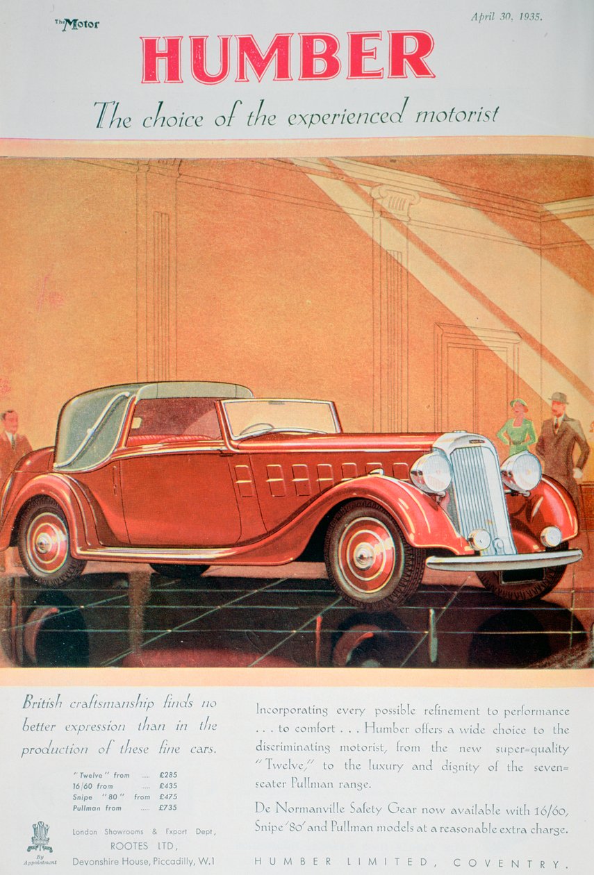 Annonse for Humber-biler, 1935 av Unbekannt