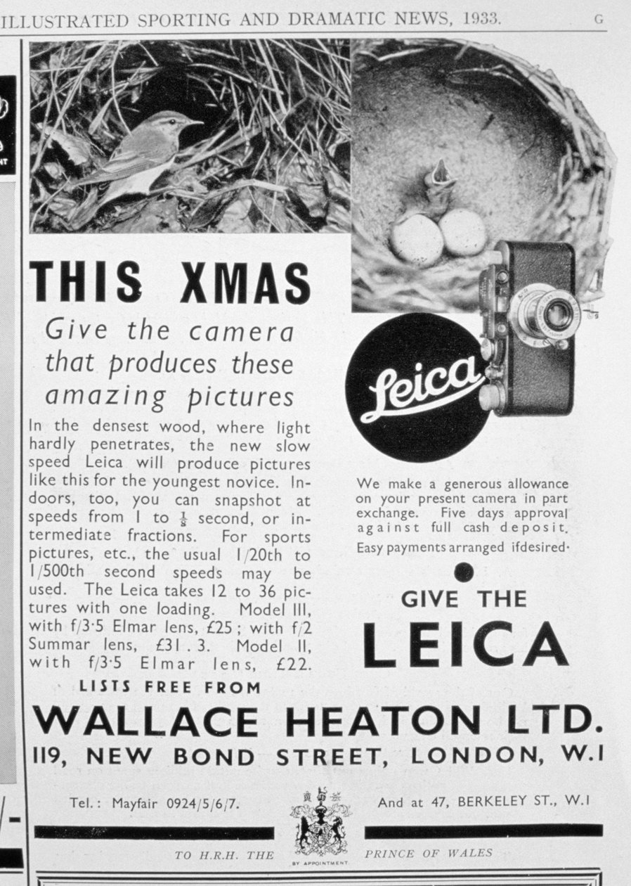 Annonse for Leica-kameraer solgt av Wallace Heaton Ltd, New Bond Street, London, 1933 av Unbekannt