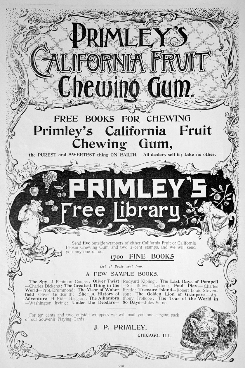 Annonse for Primleys California Fruit tyggegummi, 1894 av Unbekannt