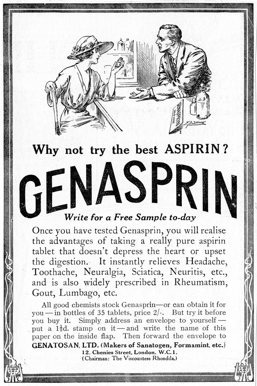 Annonse for Genasprin, et proprietært merke av stoffet Aspirin. 1919 av Unbekannt