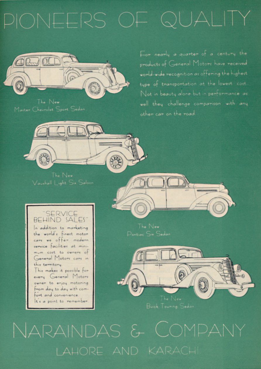 Annonse for Naraindas & Company, leverandører av biler, 1936. av Unbekannt