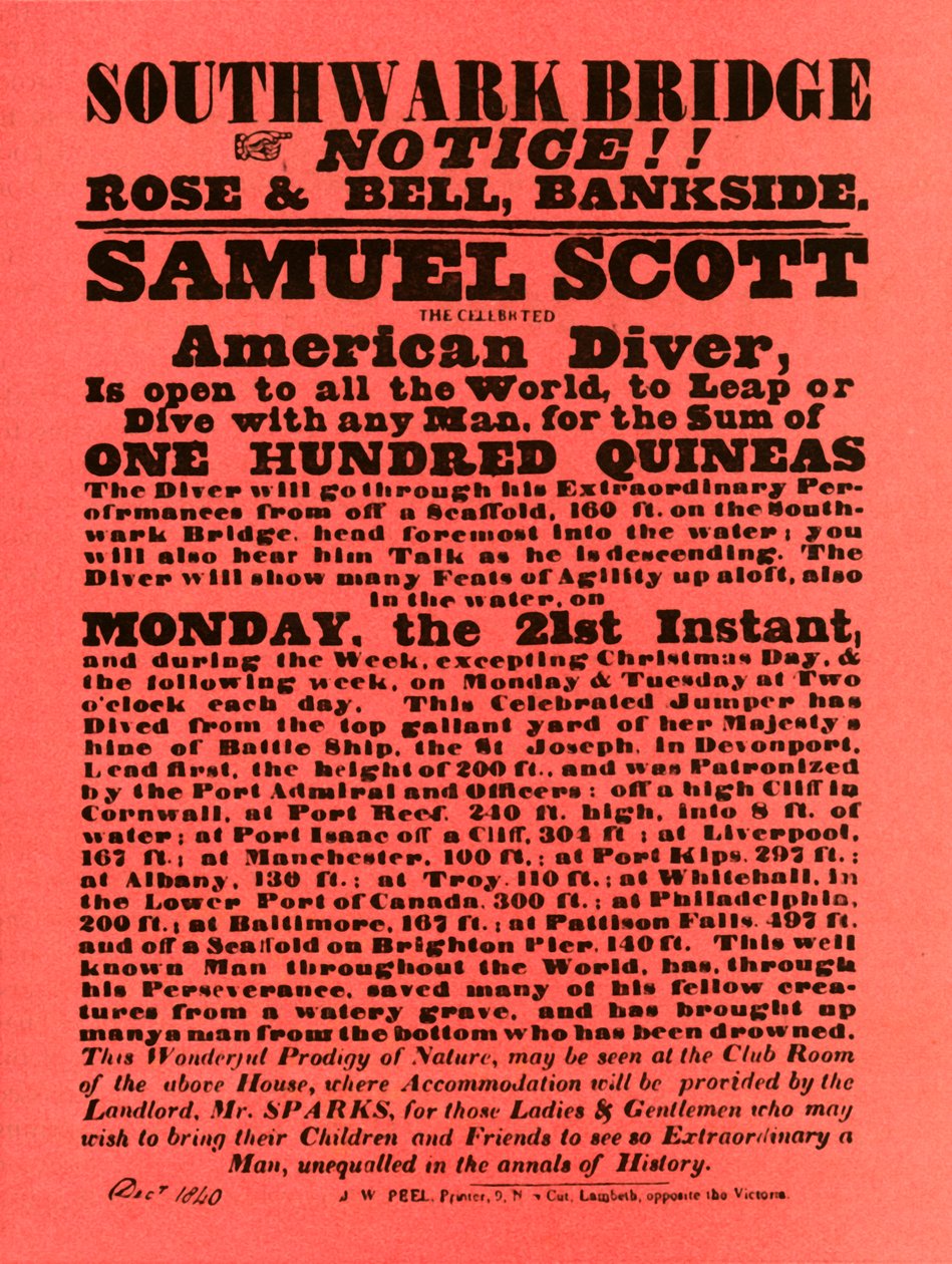 Annonse for stuntshow av Samuel Scott, 1840, 1948. av Unbekannt