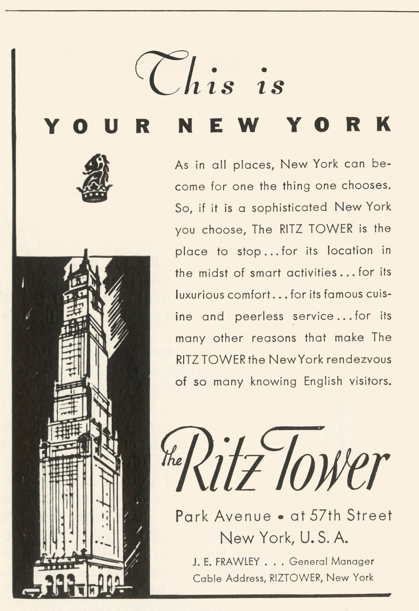 Annonse for Ritz Tower Hotel i New York, 1934. av Unbekannt