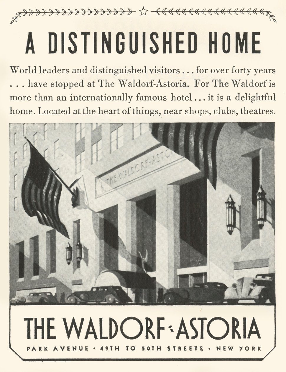 Annonse for Waldorf-Astoria Hotel i New York, 1934. av Unbekannt