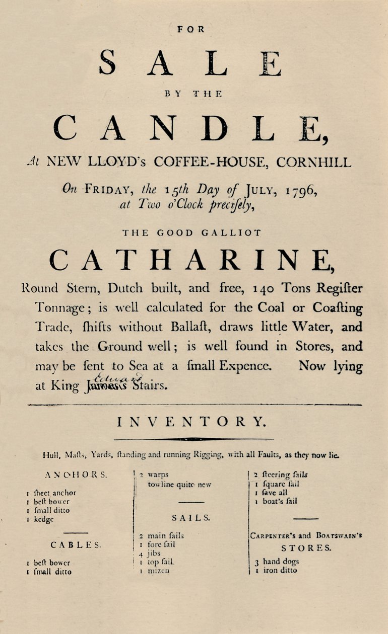 Annonse for salg av Candle i Lloyds, 1796, 1928 av Unbekannt