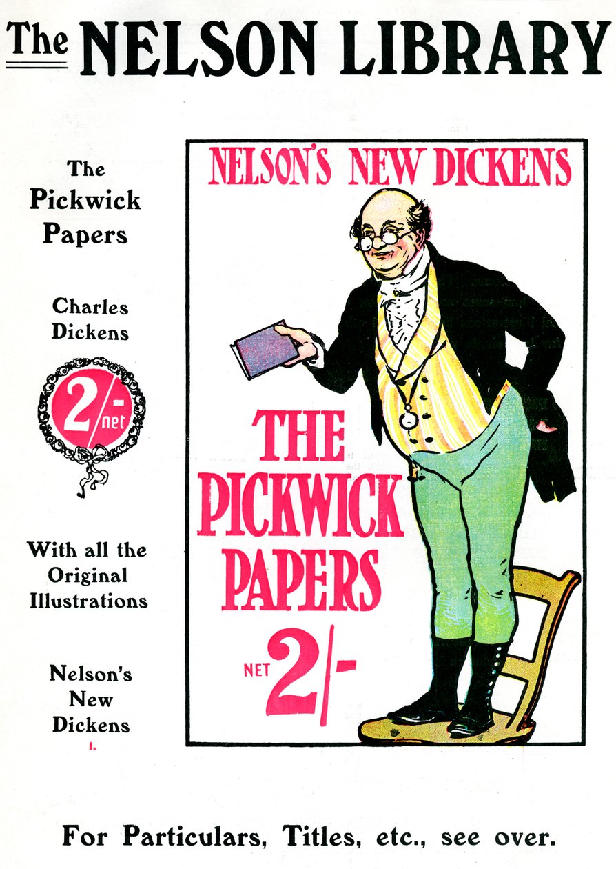 Annonse for The Pickwick Papers av Charles Dickens, solgt av Nelson Library, 1912 av Unbekannt