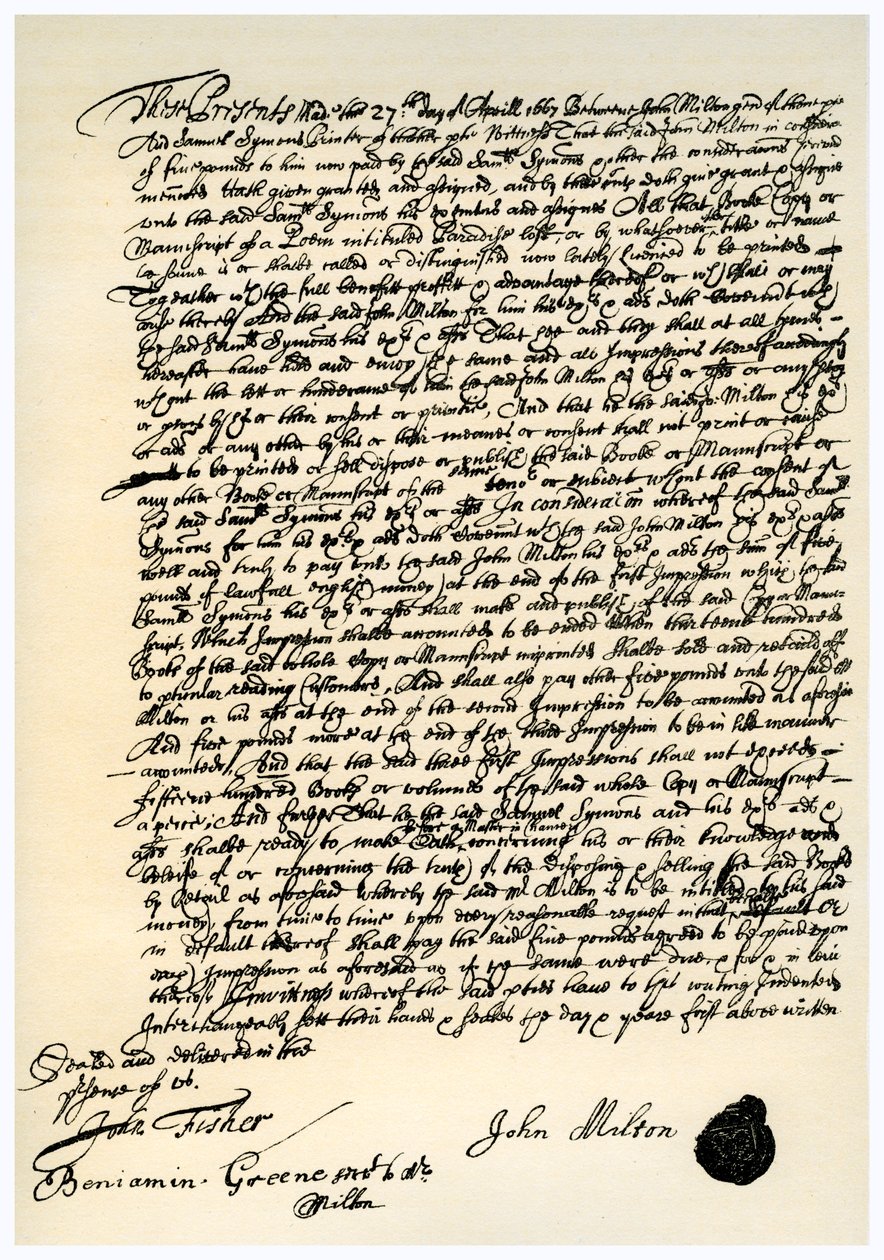Avtale mellom John Millton og Samuel Symons, 27. april 1667 av Unbekannt
