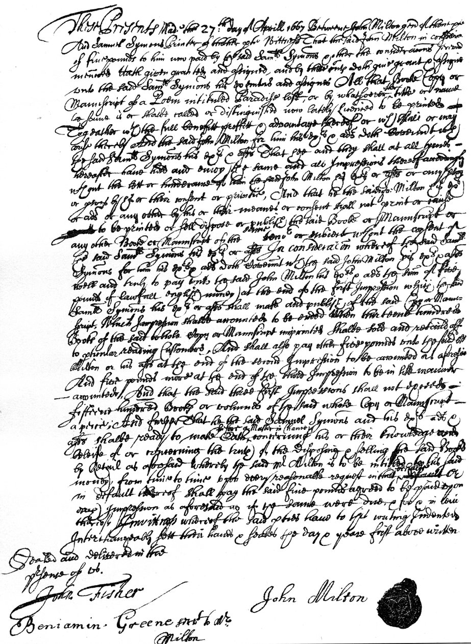 Avtale mellom John Milton og skriveren Samuel Symons om salg av opphavsretten til «Paradise Lost», 27. april av Unbekannt