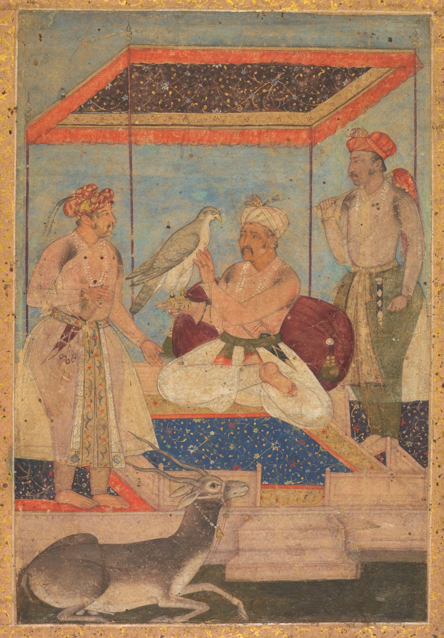 Akbar og Jahangir undersøker en Ghir-falk mens prins Khusrau står bak, ca. 1602-1604. av Unbekannt
