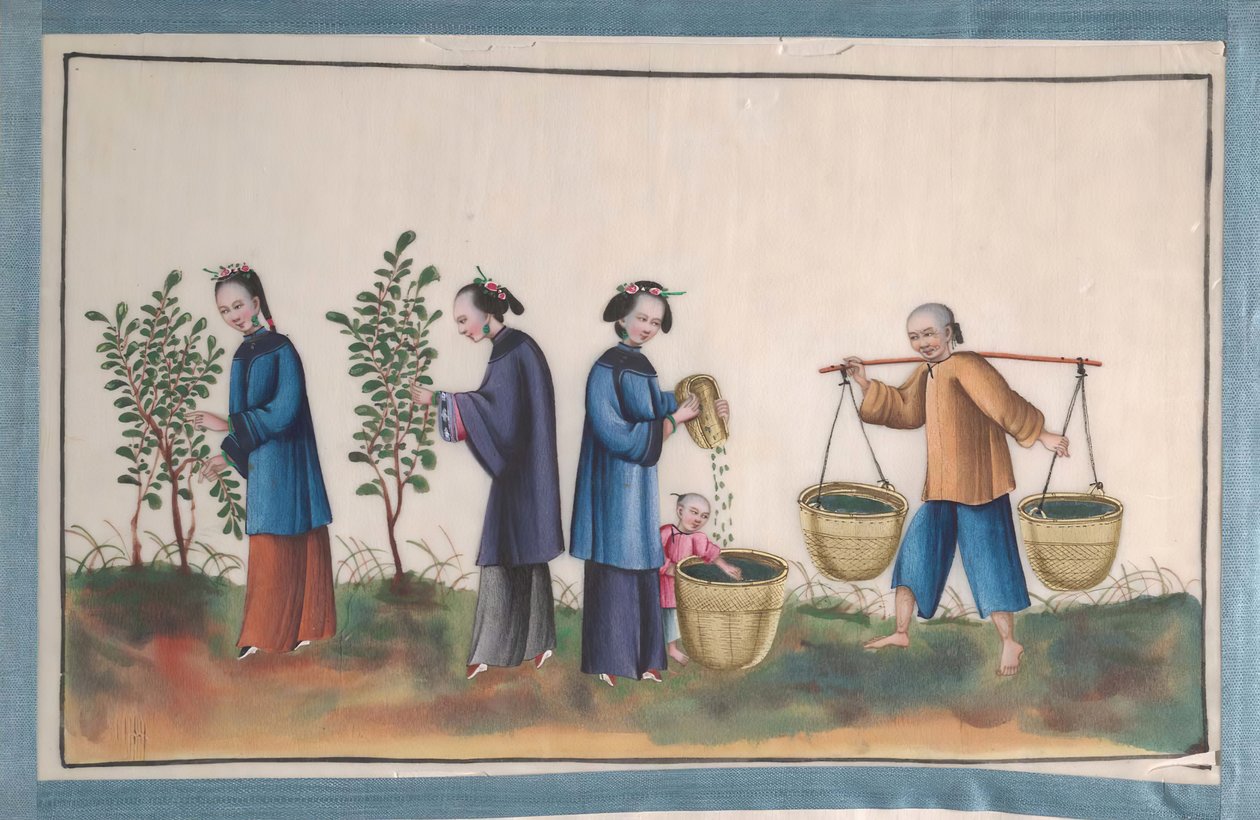 Album som inneholder tolv malerier av mennesker som lager silke, 1800-tallet. av Unbekannt