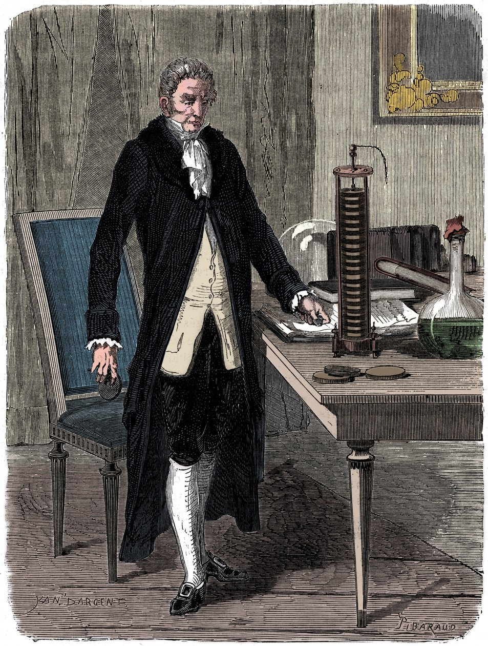 Alessandro Volta, italiensk fysiker, demonstrerer sitt elektriske haugbatteri, c1800 c1870 av Unbekannt