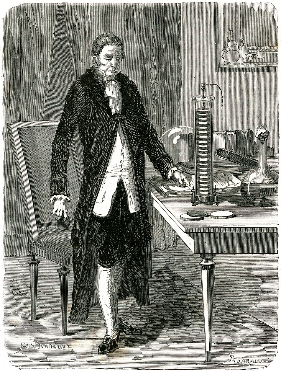 Alessandro Volta, italiensk fysiker, demonstrerer sitt elektriske haugbatteri, c1800 c1870 av Unbekannt