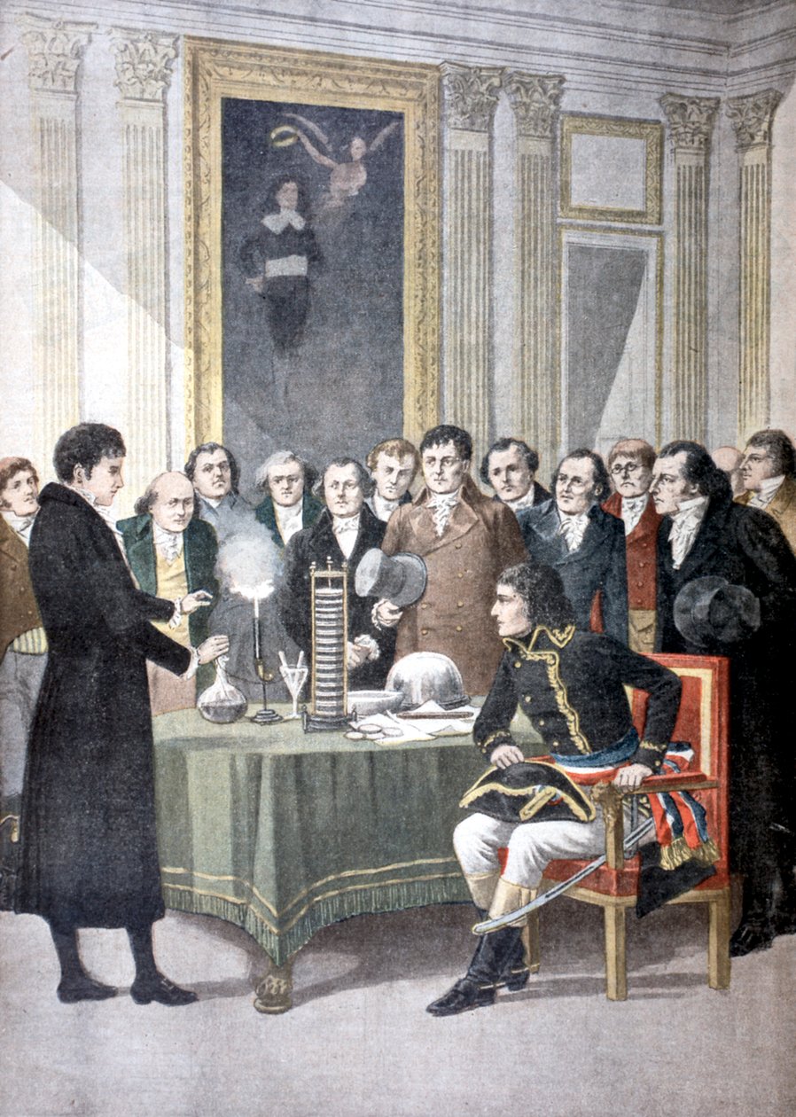 Alessandro Volta, demonstrerer bunkebatteriet sitt for Napoleon, c1800 1901 av Unbekannt
