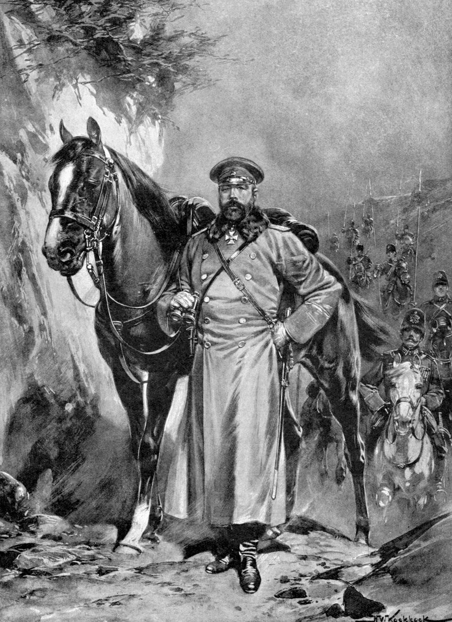 Alexei Nikolaievich Kuropatkin med hesten sin, russisk-japanske krigen, 1904-5 av Unbekannt