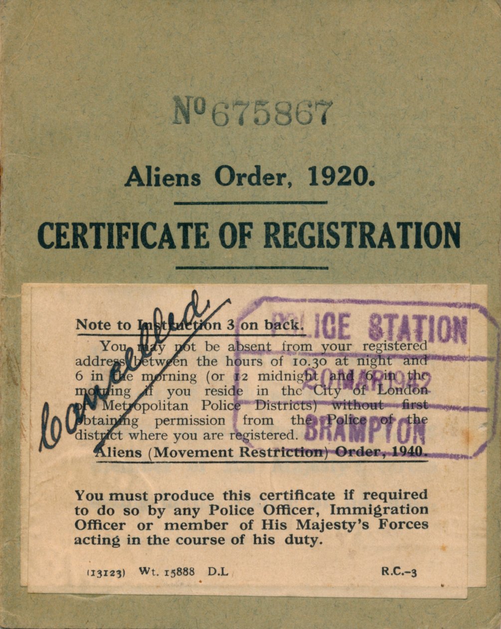 Aliens Order, Certificate of Registration, 1920 av Unbekannt