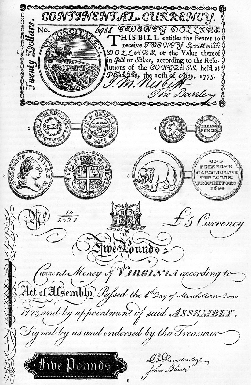 Amerikanske mynter og papirpenger, 1600-1700-tallet c1880 av Unbekannt