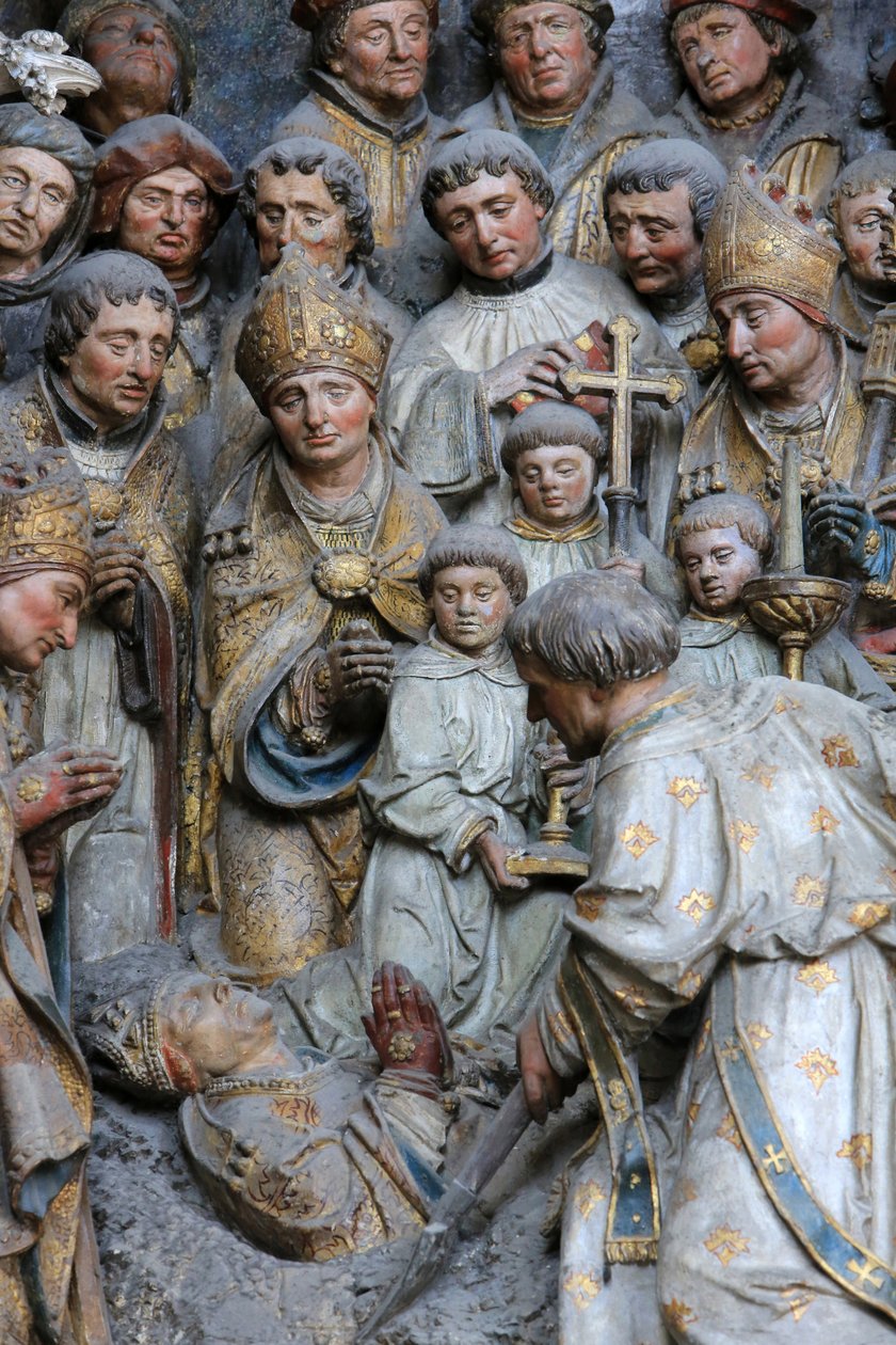 Amiens Oversettelse av relikviene til St. Firmin. Utgraving av restene av martyren. Detalj av historien til St. Firmin som ligger over den liggende Adrien Henencourt. Amiens katedral, Amiens, Frankrike av Unbekannt