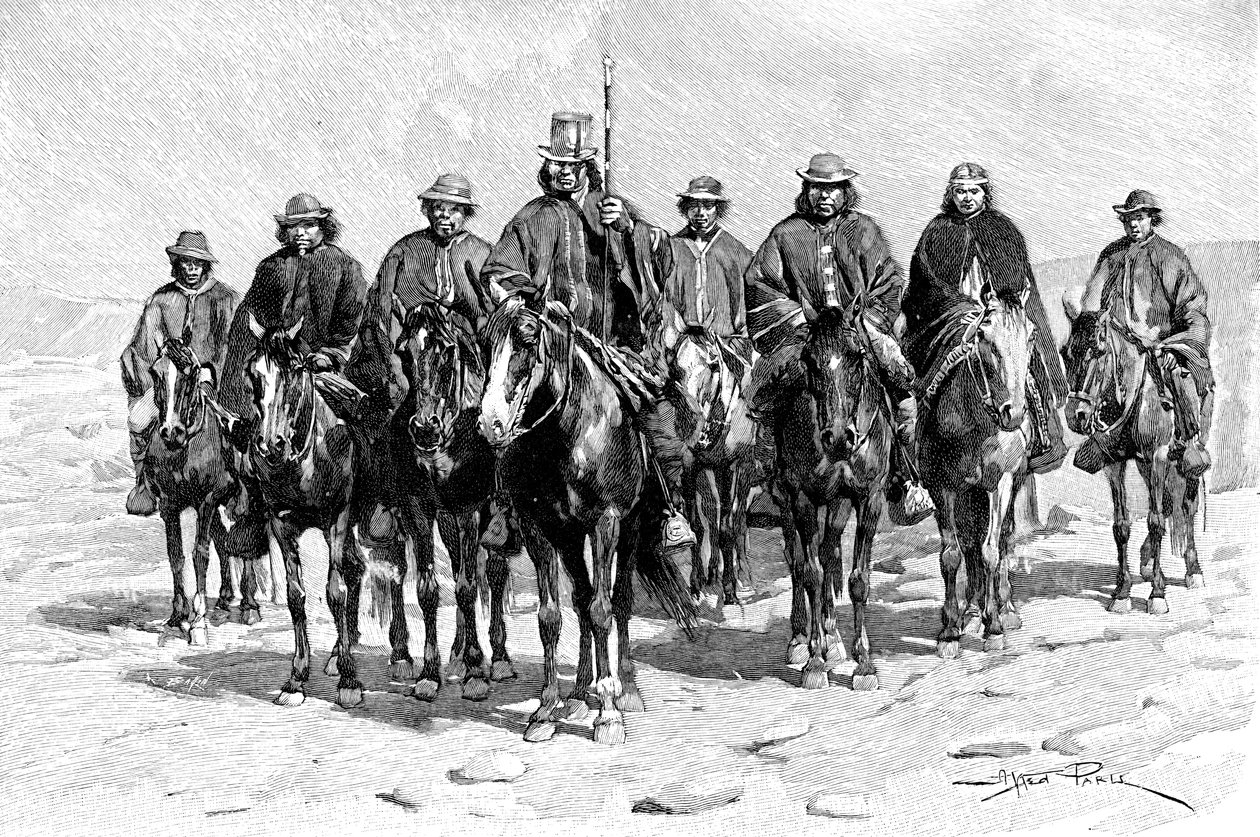 En araukansk Mapuche-sjef og hans stab, Chile, Argentina, 1895 av Unbekannt