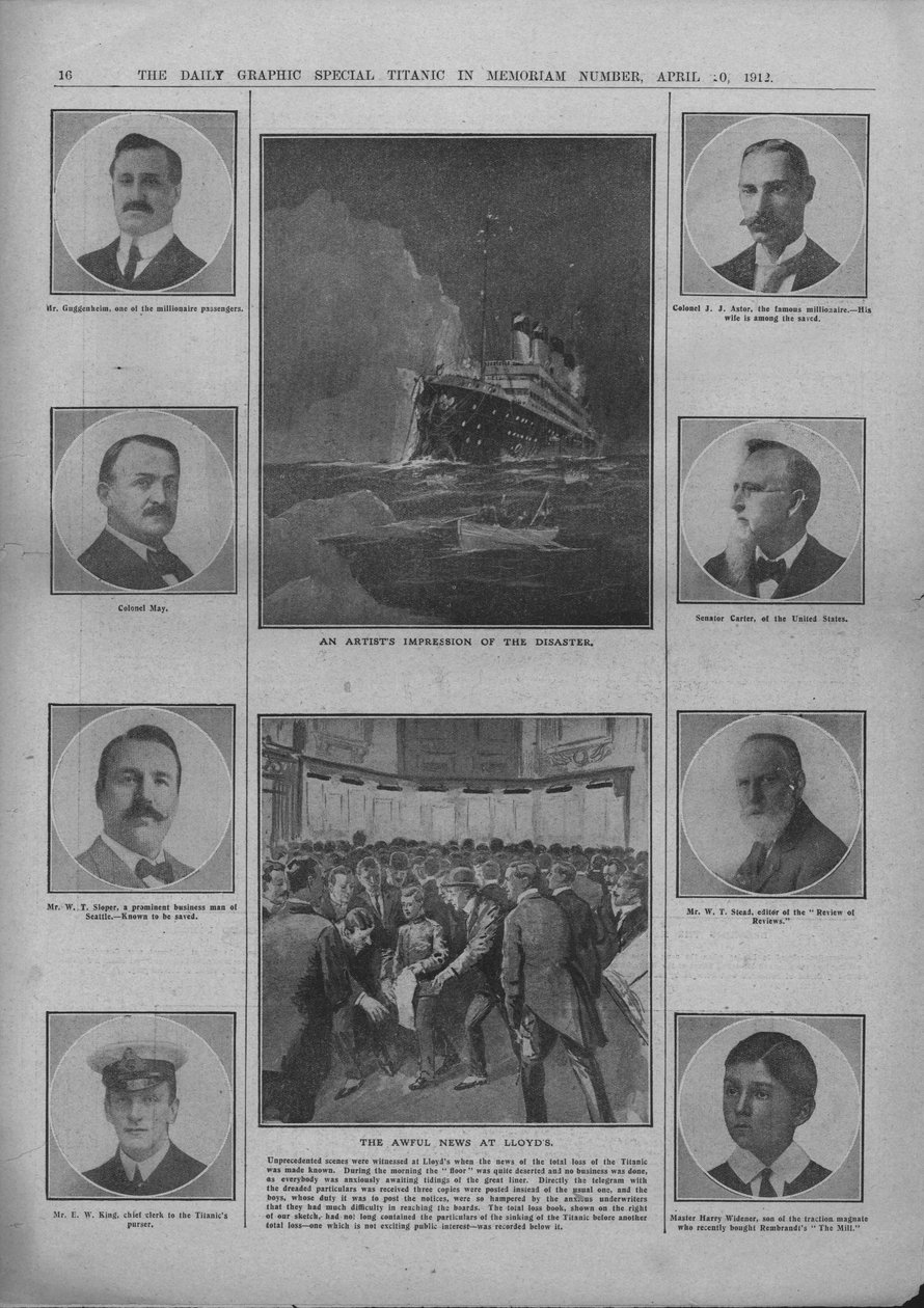 An artist Impression of the Disaster and The Awful News at Lloyds, 20. april 1912. av Unbekannt