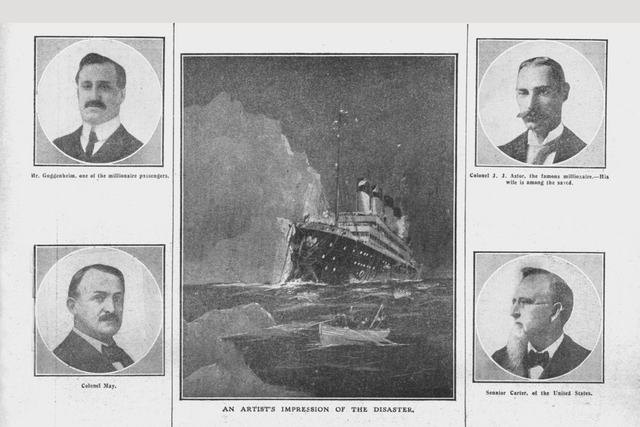 An Artists Impression of the Disaster, og portretter av beslektede personer, 20. april 1912. av Unbekannt