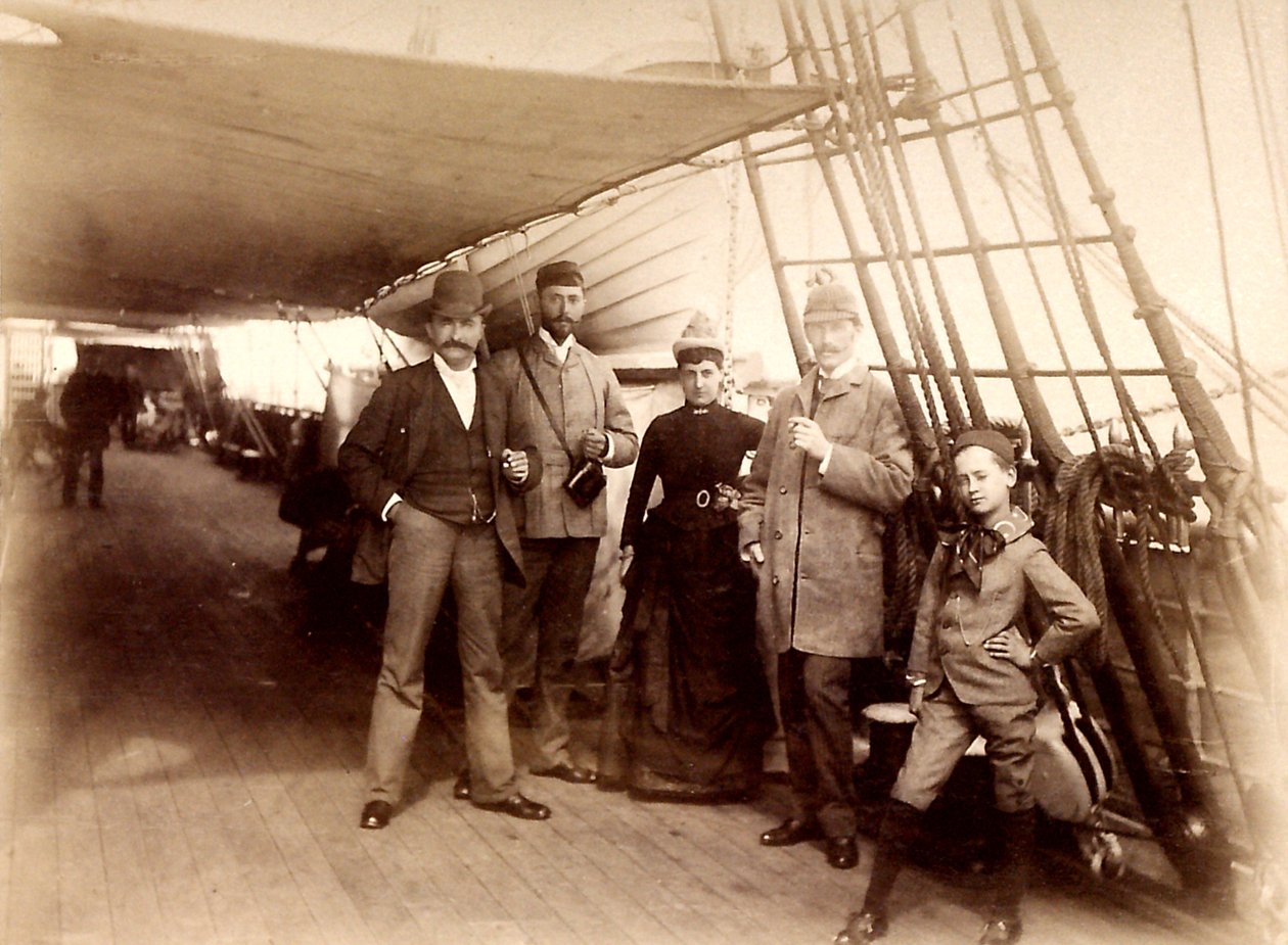 Ombord på Fulda, som viser D. Blottnitz, Dr. Hildebrand Koch, Kirchner og Wilh. Mallinkrodt krysser Atlanterhavet ombord på dampbåten Fulda av Unbekannt
