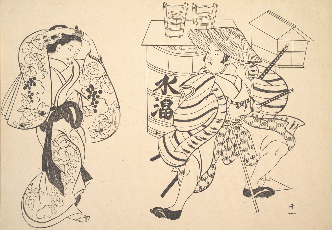En Oiran omorganiserer håret på gaten mens en ung samurai ser på. av Unbekannt